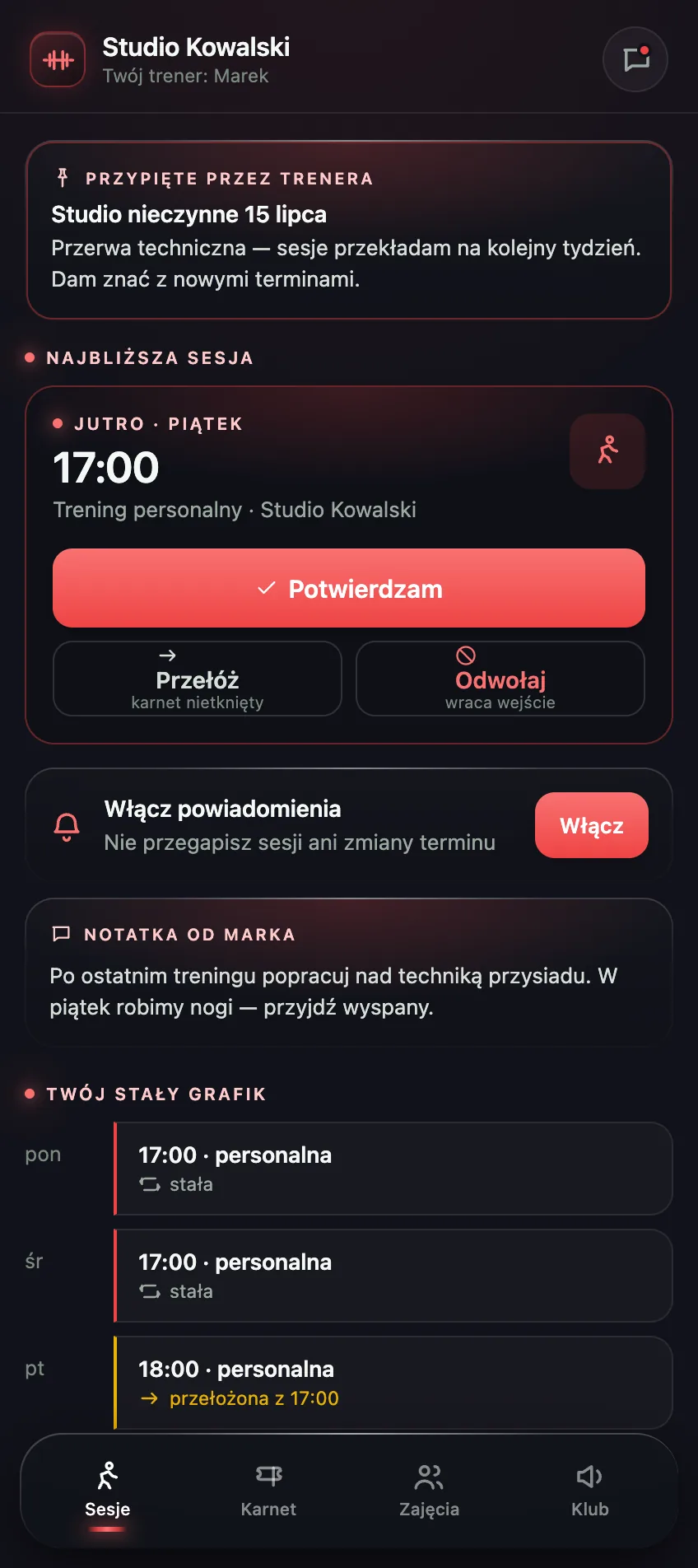 Aplikacja podopiecznego w TrainOS, sesje z trenerem